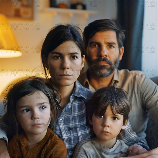 A family with an anxious expression sits together in the living room, relocation, apartment relocation, housing shortage, AI generated