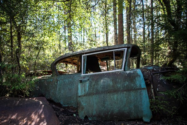 Ancient scrap car, Kyrkoe Mosse car graveyard, Ryd, Tingsryd, Kronobergs laen, Sweden, Europe