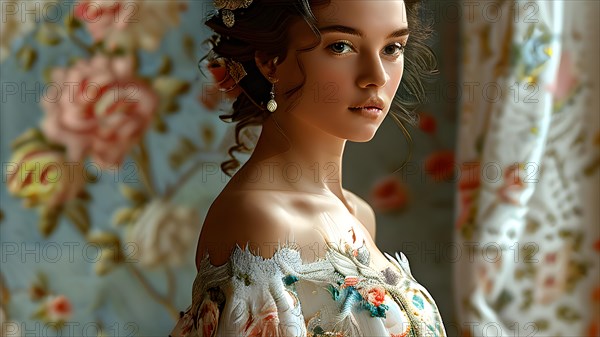 AI generated traditional bridal portrait with digital floral patterns