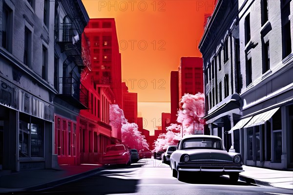 AI generated bustling street scene monochromatic snapshot with colorful digital elements