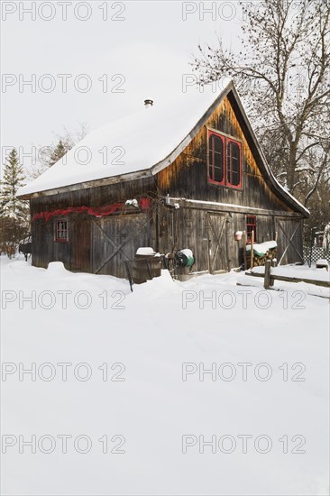 Old wooden rustic barn with red trimmed windows and Christmas decorations in winter, Quebec, Canada, North America