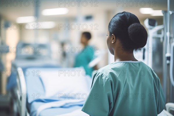 Back view of black nurse with empty hospital bed in background. KI generiert, generiert, AI generated