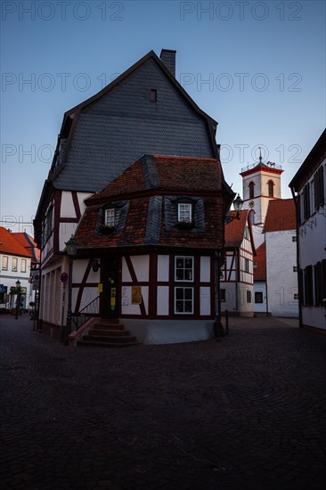 View of an old town, half-timbered houses and streets in a town. Seligenstadt am Main, Hesse Germany