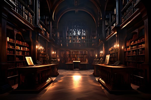 AI generated old library with antique wooden bookshelves