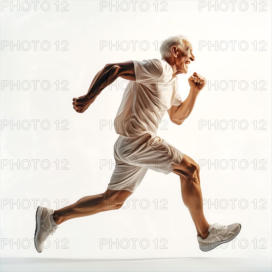 An older man in sportswear runs dynamically in front of a white background, start running, start, advert, special offer, AI generated