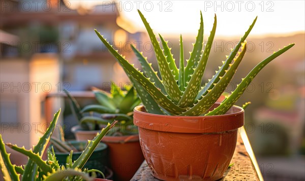 Aloe vera leaves in a pot, closeup view AI generated