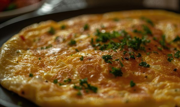 Close-up of a golden omelette on a plate AI generated