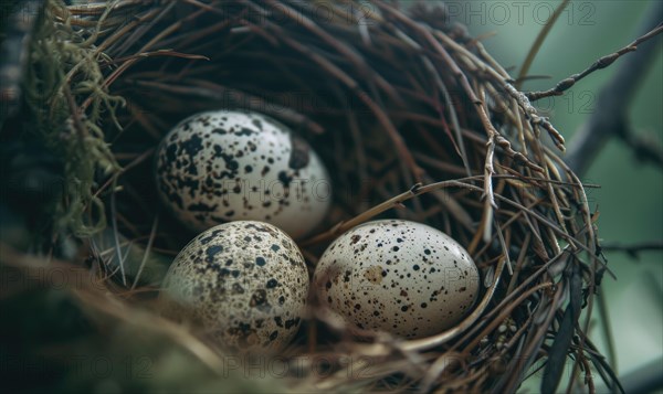 Close-up of a nest with speckled eggs AI generated