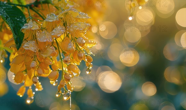 Close-up of dew-covered laburnum flowers in the early morning AI generated