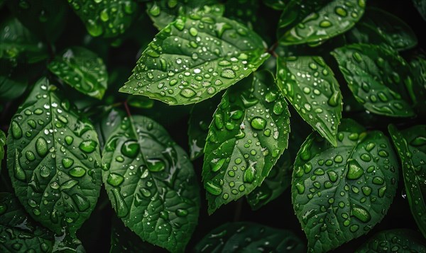 Close-up of raindrops clinging to vibrant green leaves in a lush garden AI generated