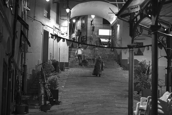 Two residents with suitcases, returning home in the evening from a trip, old town of Genoa, Italy, Europe