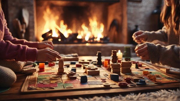 People focused on playing a board game with wooden pieces in a warm, cozy room near a fireplace, AI Generated, AI generated