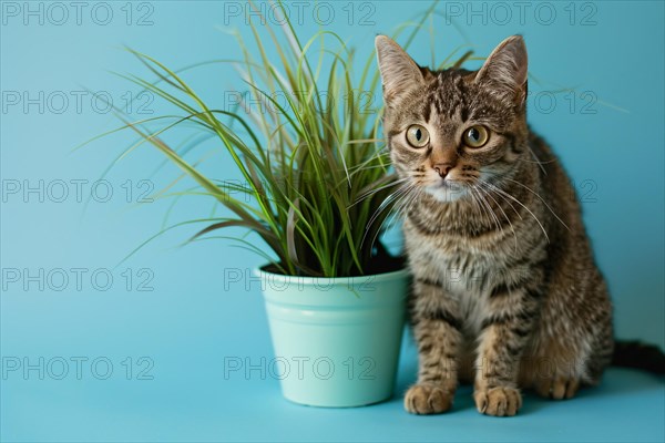 Tabby cat next to potted grass 'Cyperus Zumula' used for cats to help them throw up hair balls. KI generiert, generiert, AI generated