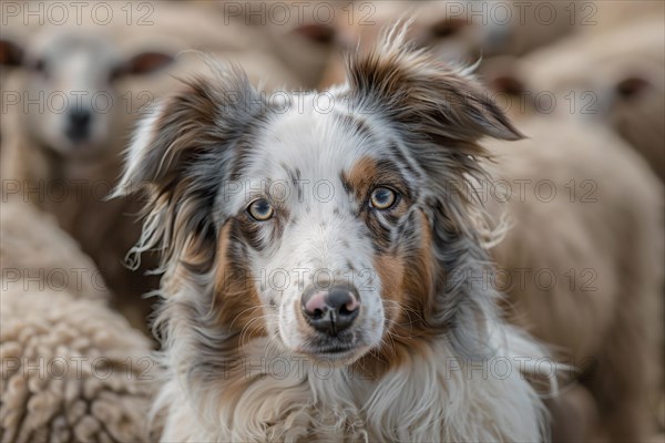 Australian Shepherd dog in front of flock of sheep. KI generiert, generiert, AI generated