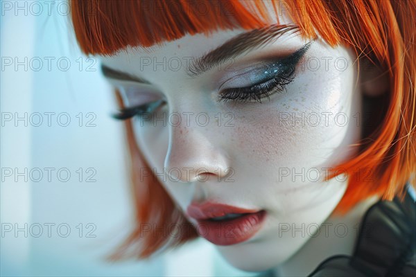 Portrait of young beautiful woman with pale skin and bright red hair with bob hairstyle with bangs and black eye makeup. KI generiert, generiert, AI generated