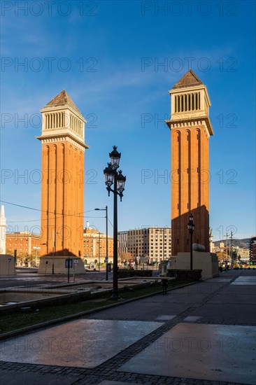 The Venetian Towers, Torres Venecianes or Venetian Towers in the morning light at Placa Espana in Barcelona, Spain, Europe