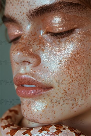 A close-up of a woman with freckles and glitter makeup in serene golden tones, blurry teal turquoise solid background, beauty product studio light, fashion artsy make up, high concept potraiture, AI generated