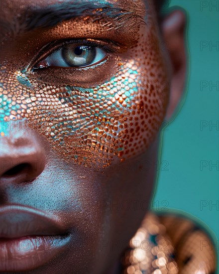 Close-up of a Mixed-race person with dark skin and green eyes, adorned with gold textures, blurry teal turquoise solid background, beauty product studio, fashion artsy make up, high concept potraiture, AI generated