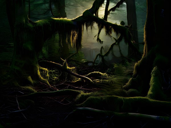 AI generated ethereal mystical forest scene with digital glow effects