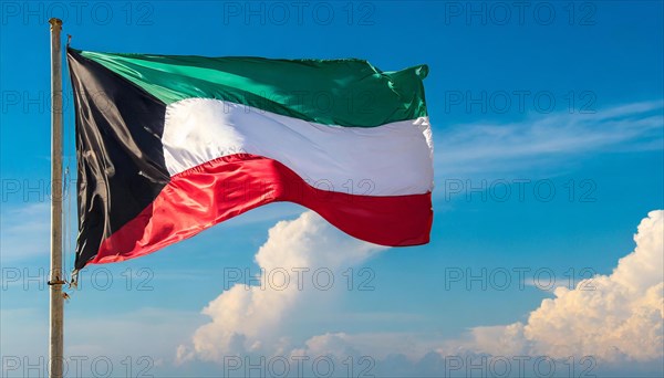 The flag of Kuwait flutters in the wind, isolated against a blue sky