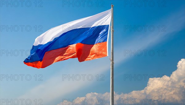 The flag of Russia flutters in the wind, isolated against a blue sky