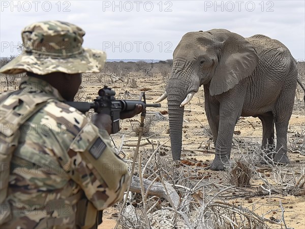 Elephant hunting in Africa, AI generated