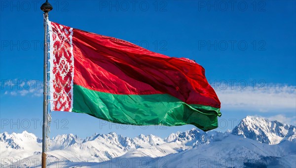 The flag of Belarus flutters in the wind, isolated, against the blue sky