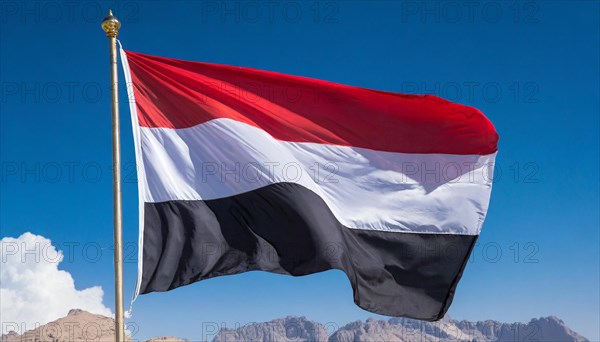 The flag of Yemen, fluttering in the wind, isolated, against the blue sky