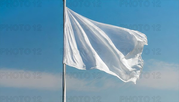 Parliamentary flag, also parliamentary flag or white flag fluttering in the wind, protective sign of the international law of war, surrender, renunciation of resistance