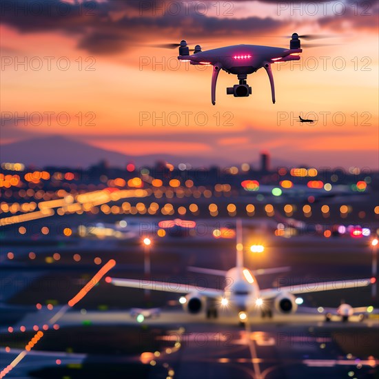 A drone in the foreground with an illuminated aeroplane and a blurred city in the background, drone, attack, AI generated