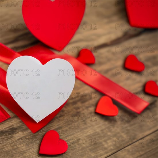 Rustic wooden table with many red hearts. The main heart is white and customizable for a Valentine's Day message.Image Generative AI, AI generated