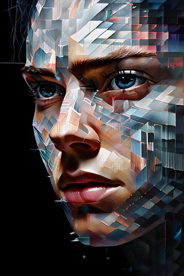 AI generated human portrait transitioning from lifelike human to a pixelated digital effect