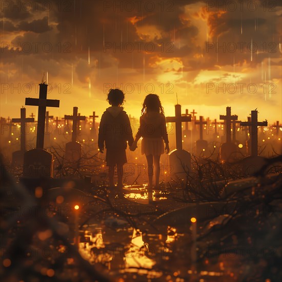 Two children, hand in hand in a rainy, gloomy cemetery, war, war graves, military cemetery, AI generated