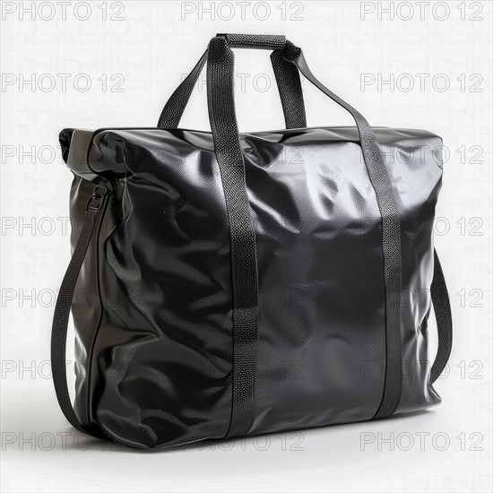 Glossy black tote bag with carrying handles and a simplistic, modern style, ai generated, AI generated