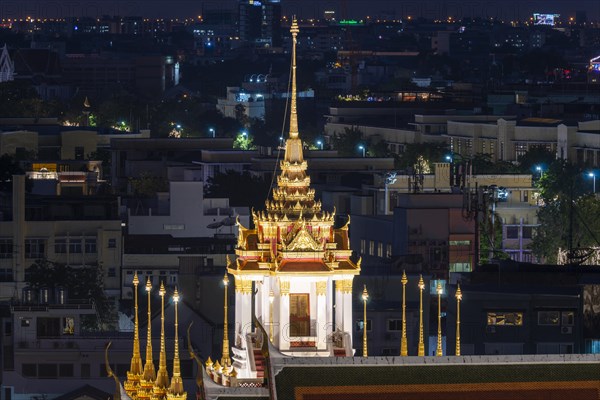 Night shot of the illuminated Wat Ratchanatdaram Worawihan, Bangkok, Thailand, Asia