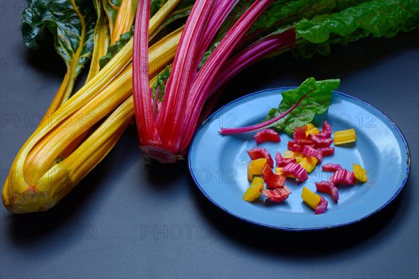 Swiss chard, chopped stems on plate, Beta vulgaris