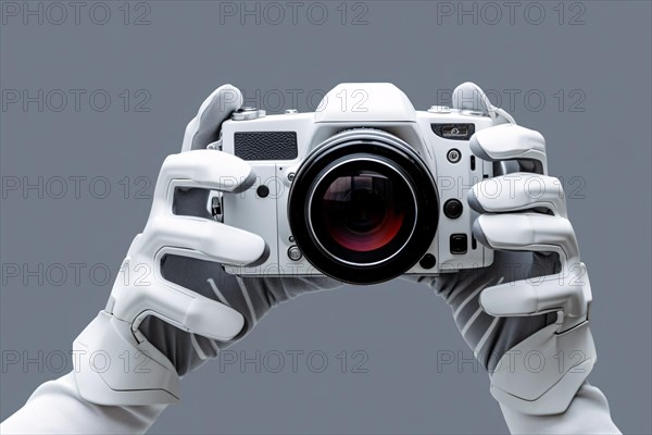 Concept for AI generated photos whoing white artificial intelligence robotic hands holding photo camera. KI generiert, generiert, AI generated