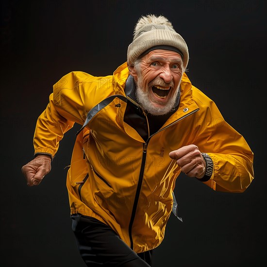 Cheerful older man in a yellow sports jacket running, very energetic, start running, start, advertising, special offer, AI generated