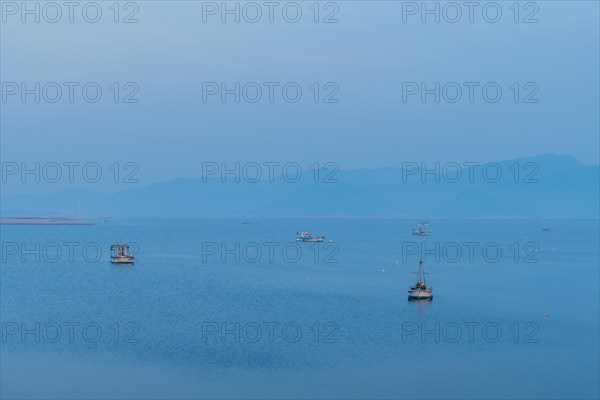 Several fishing boats float peacefully on calm water during the serene blue hour of dusk, in South Korea