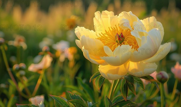 Close-up of a yellow peony blooming in the garden AI generated