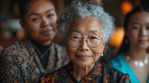 Asian Elderly woman with glasses and traditional dress smiles warmly with family members out of focus in background, AI generated