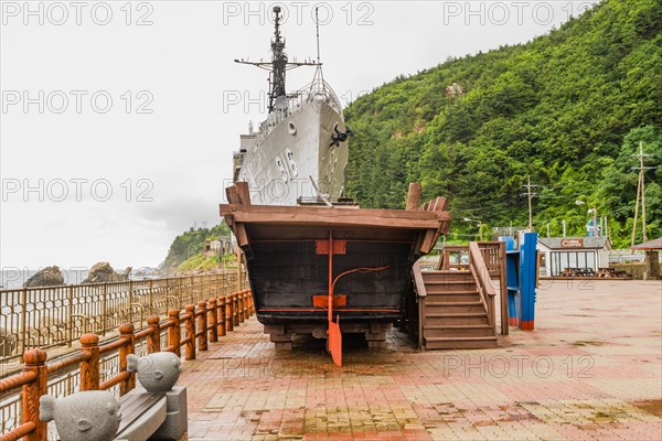 Aft and rudder of wooden boat and exterior of South Korean battleship on display in Unification Park in Gangneung, South Korea, Asia