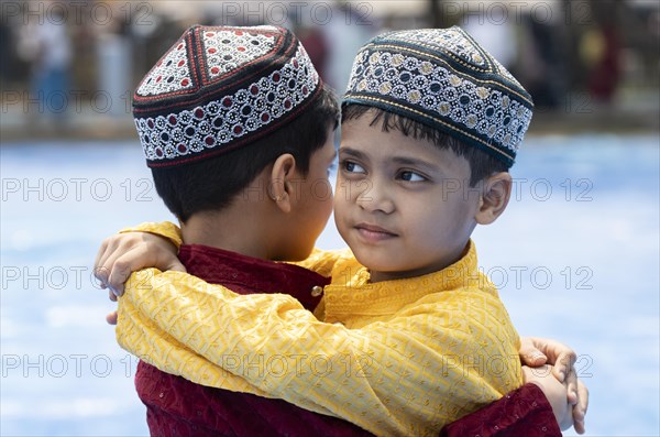 Muslim children celebrate Eid al-Fitr, which marks the end of the fasting month of Ramadan, after performing Eid al-Fitr prayer at Eidgah in Guwahati, Assam, India on April 11, 2024. Muslims around the world are celebrating the Eid al-Fitr holiday, which marks the end of the fasting month of Ramadan