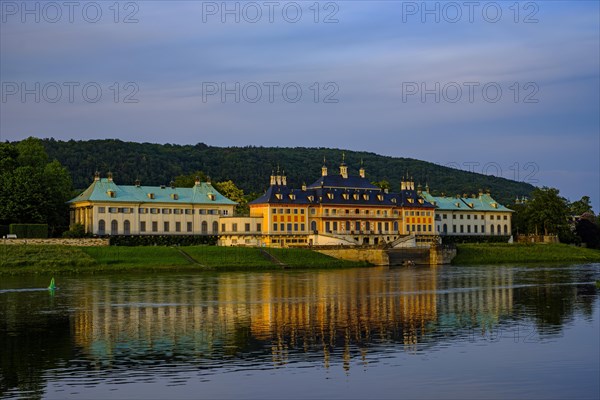 View of Pillnitz Palace from the Elbe in the glow of the setting evening sun, Dresden, Saxony, Germany, Europe