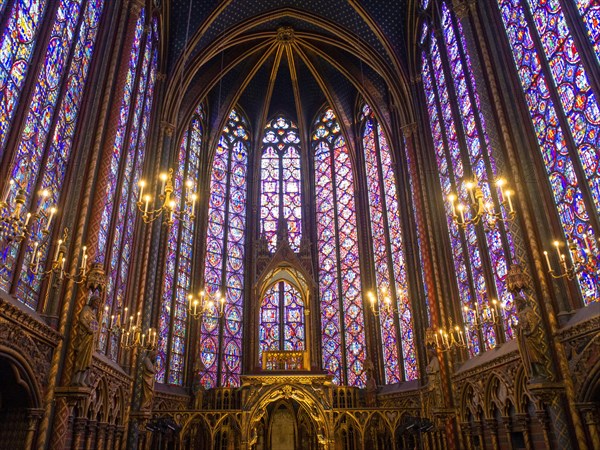 Paris 1er arr. Stained glass of the Holy Chapel (La Sainte Chapelle) built on the Ile de la Cite at the request of Saint Louis, Ile de France. France