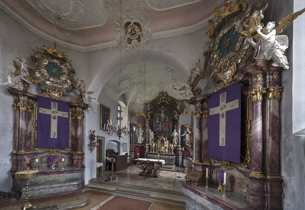 Three Lenten cloths in front of the main and side altars, St John the Baptist, Ochsenfurt Hohestadt, Lower Franconia, Bavaria, Germany, Europe