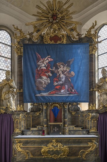 Historic Lenten cloth, made in 1726, in front of the main altar, St Nicholas parish church, Gundelsheim, Baden-Wuerttemberg, Germany, Europe