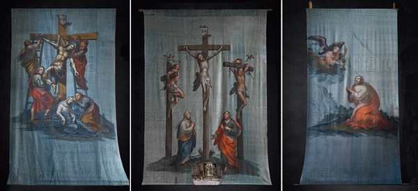 Three historical Lenten cloths on a black background, created around 1890, St Laurentius Church, Schoenau an der Brend Lower Franconia, Bavaria, Germany, Europe