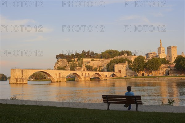 Woman on a park bench on the banks of the Rhone, Pont Saint Benezet bridge, Papal Palace and Notre-Dame des Doms Cathedral, Avignon, Vaucluse, Provence-Alpes-Cote d'Azur, South of France, France, Europe