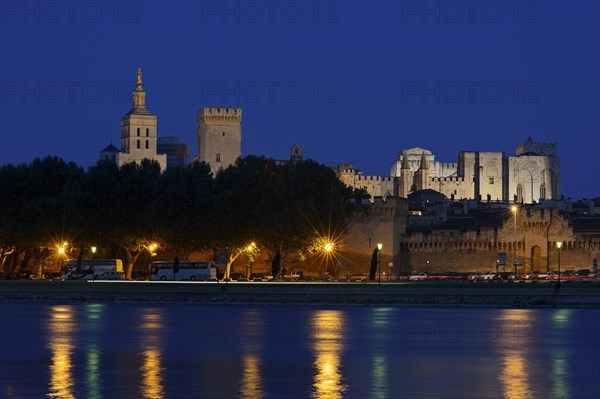 Papal Palace and Notre-Dame des Doms Cathedral at night, Avignon, Vaucluse, Provence-Alpes-Cote d'Azur, South of France, France, Europe